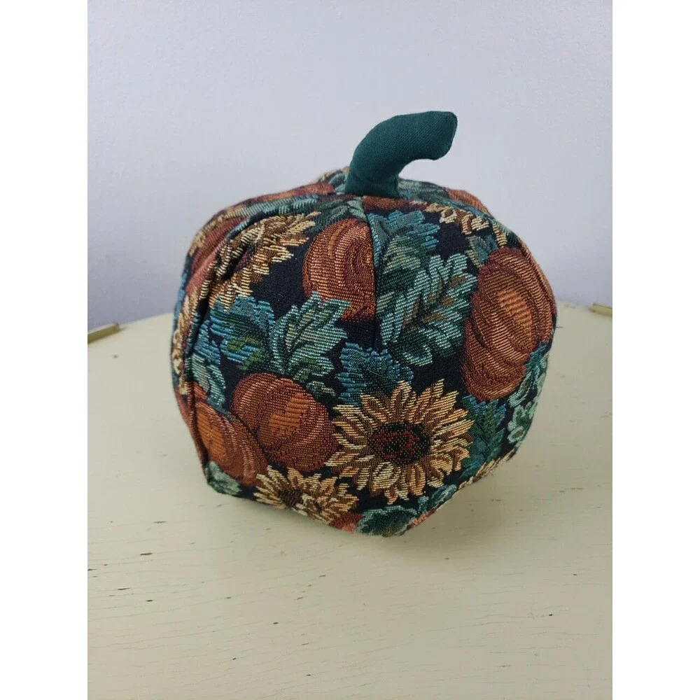 Vintage pumpkin jacquard floral fabric stuffed plush Halloween Thanksgiving